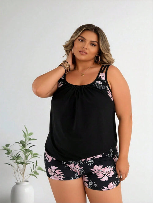 2026 Women's Modest Plus Size Tankini Set: Solid Black Top With Pink Floral Print Shoulder Accents And Matching Pink Floral Print Swim Shorts