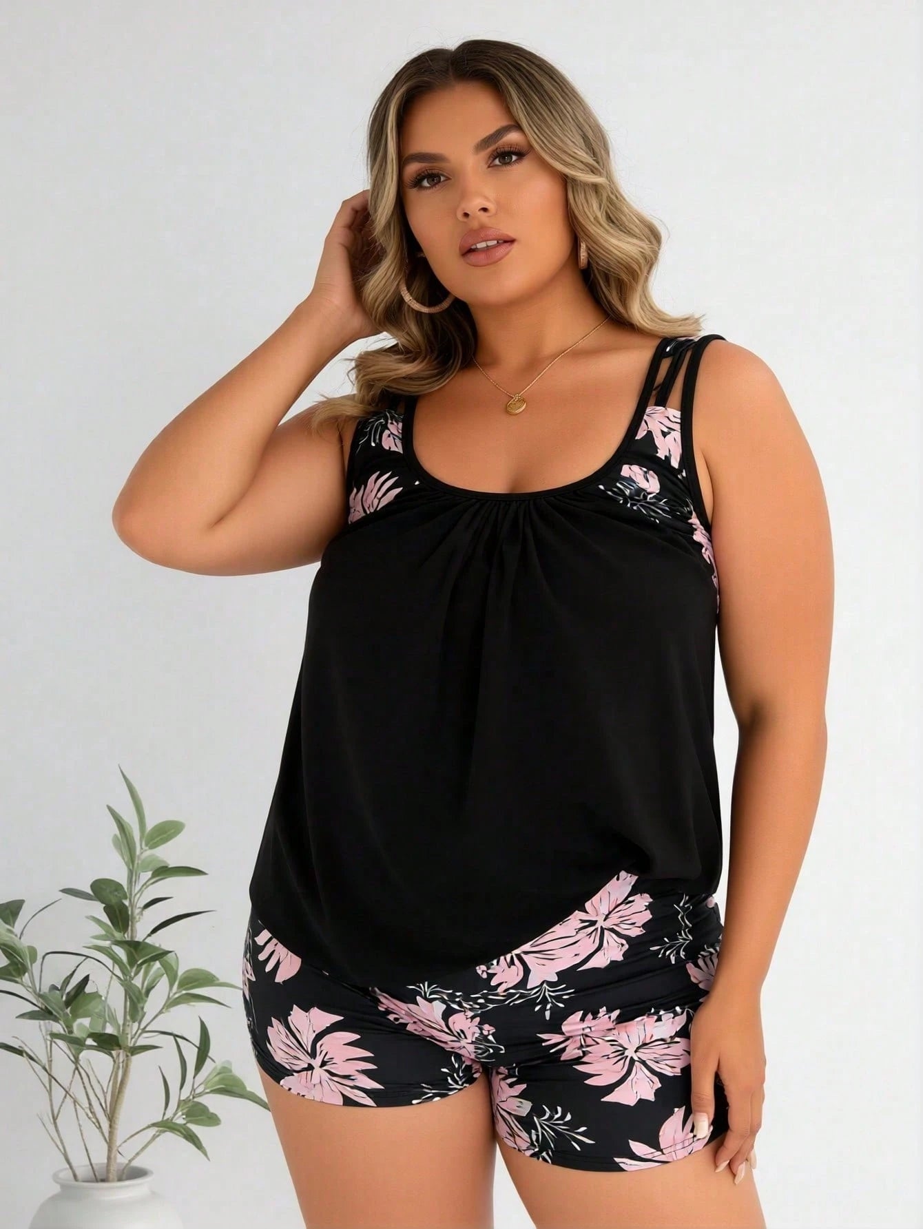 2026 Women's Modest Plus Size Tankini Set: Solid Black Top With Pink Floral Print Shoulder Accents And Matching Pink Floral Print Swim Shorts