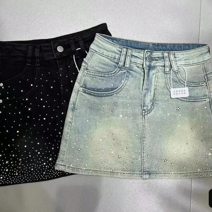 2026Starry Hot Rhinestone Denim Skirt For Women Summer New Retro Slimming A-Line Sheath Denim SkirtA Must-Have For Women 1peice