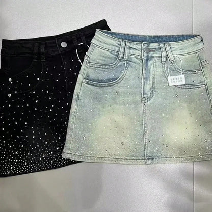 2026Starry Hot Rhinestone Denim Skirt For Women Summer New Retro Slimming A-Line Sheath Denim SkirtA Must-Have For Women 1peice