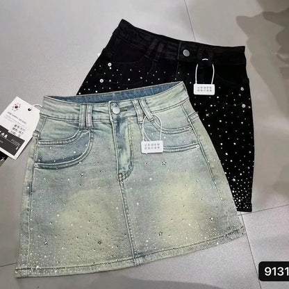 2026Starry Hot Rhinestone Denim Skirt For Women Summer New Retro Slimming A-Line Sheath Denim SkirtA Must-Have For Women 1peice