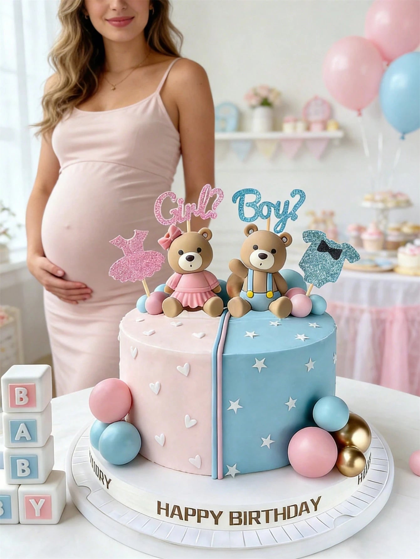 21pcs Gender Reveal Teddy Bear Cake Topper Set- Teddy Bear Balls Decorations Suitable For Baby Gender Reveal Party, Birthday Party, Baby Shower Decor