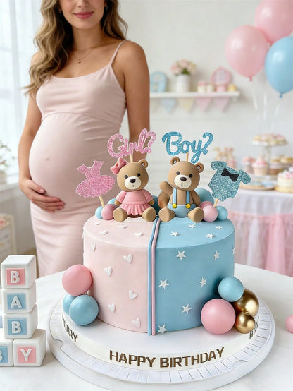 21pcs Gender Reveal Teddy Bear Cake Topper Set- Teddy Bear Balls Decorations Suitable For Baby Gender Reveal Party, Birthday Party, Baby Shower Decor