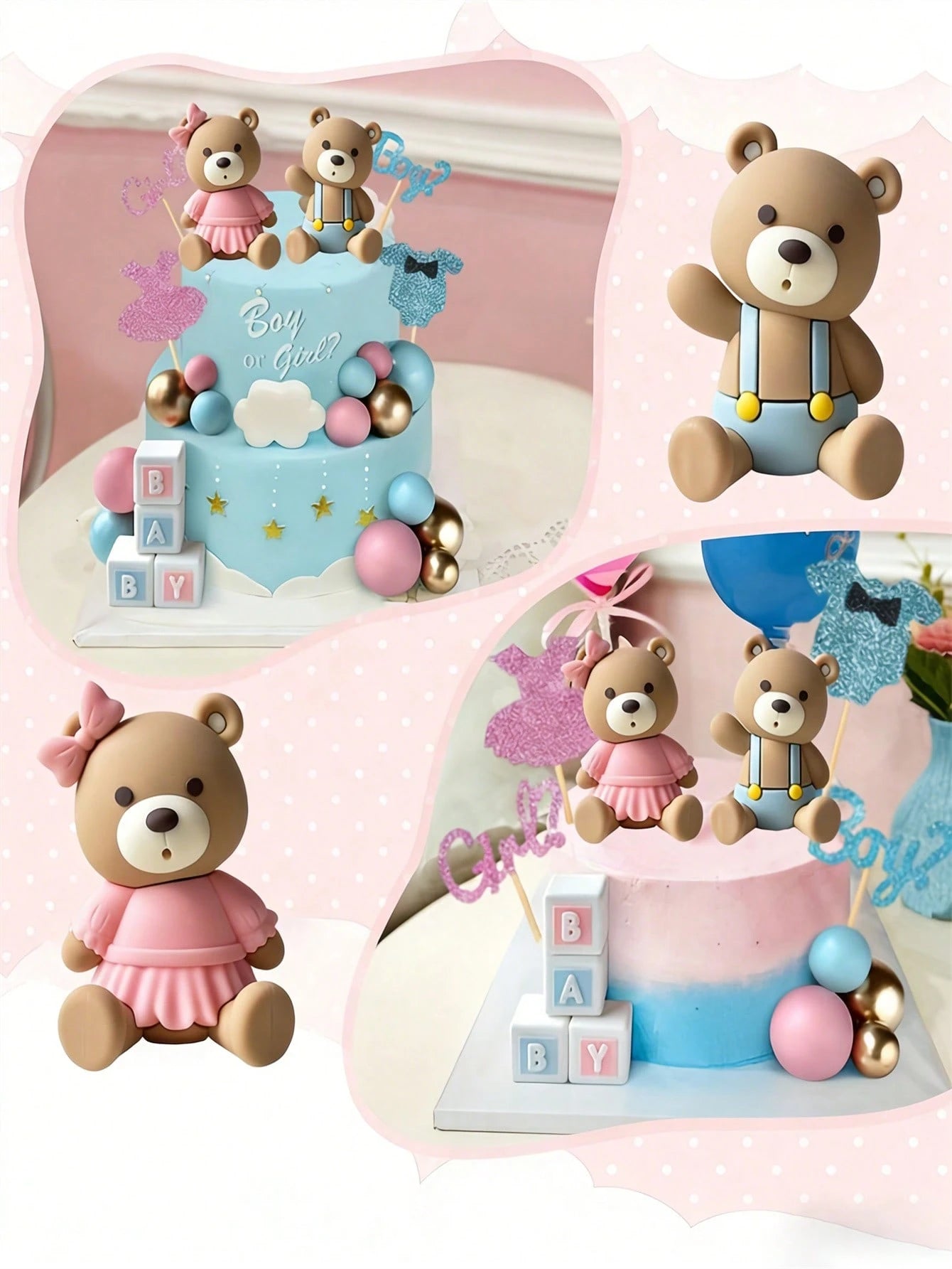 21pcs Gender Reveal Teddy Bear Cake Topper Set- Teddy Bear Balls Decorations Suitable For Baby Gender Reveal Party, Birthday Party, Baby Shower Decor