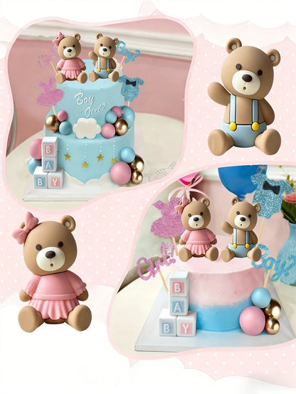 21pcs Gender Reveal Teddy Bear Cake Topper Set- Teddy Bear Balls Decorations Suitable For Baby Gender Reveal Party, Birthday Party, Baby Shower Decor