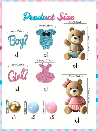 21pcs Gender Reveal Teddy Bear Cake Topper Set- Teddy Bear Balls Decorations Suitable For Baby Gender Reveal Party, Birthday Party, Baby Shower Decor