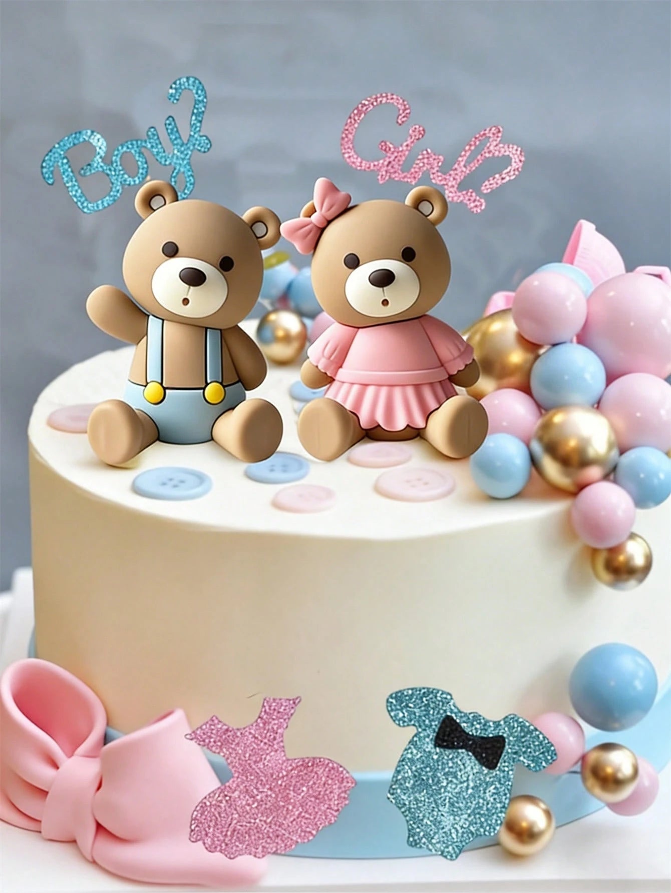 21pcs Gender Reveal Teddy Bear Cake Topper Set- Teddy Bear Balls Decorations Suitable For Baby Gender Reveal Party, Birthday Party, Baby Shower Decor