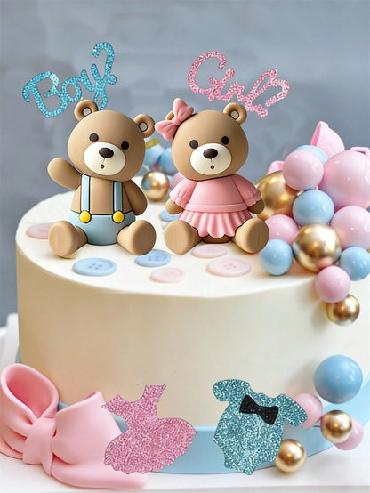 21pcs Gender Reveal Teddy Bear Cake Topper Set- Teddy Bear Balls Decorations Suitable For Baby Gender Reveal Party, Birthday Party, Baby Shower Decor