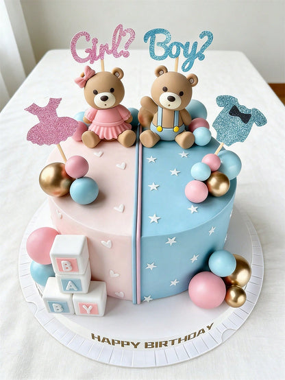 21pcs Gender Reveal Teddy Bear Cake Topper Set- Teddy Bear Balls Decorations Suitable For Baby Gender Reveal Party, Birthday Party, Baby Shower Decor