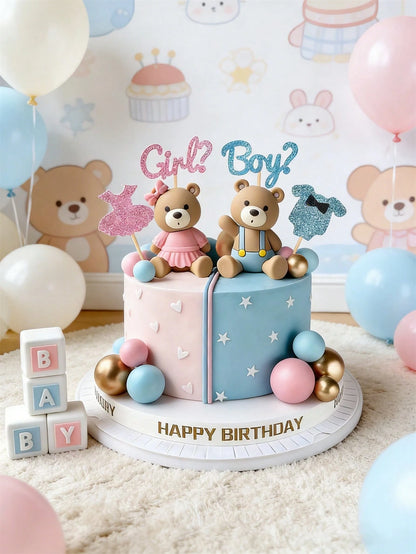 21pcs Gender Reveal Teddy Bear Cake Topper Set- Teddy Bear Balls Decorations Suitable For Baby Gender Reveal Party, Birthday Party, Baby Shower Decor