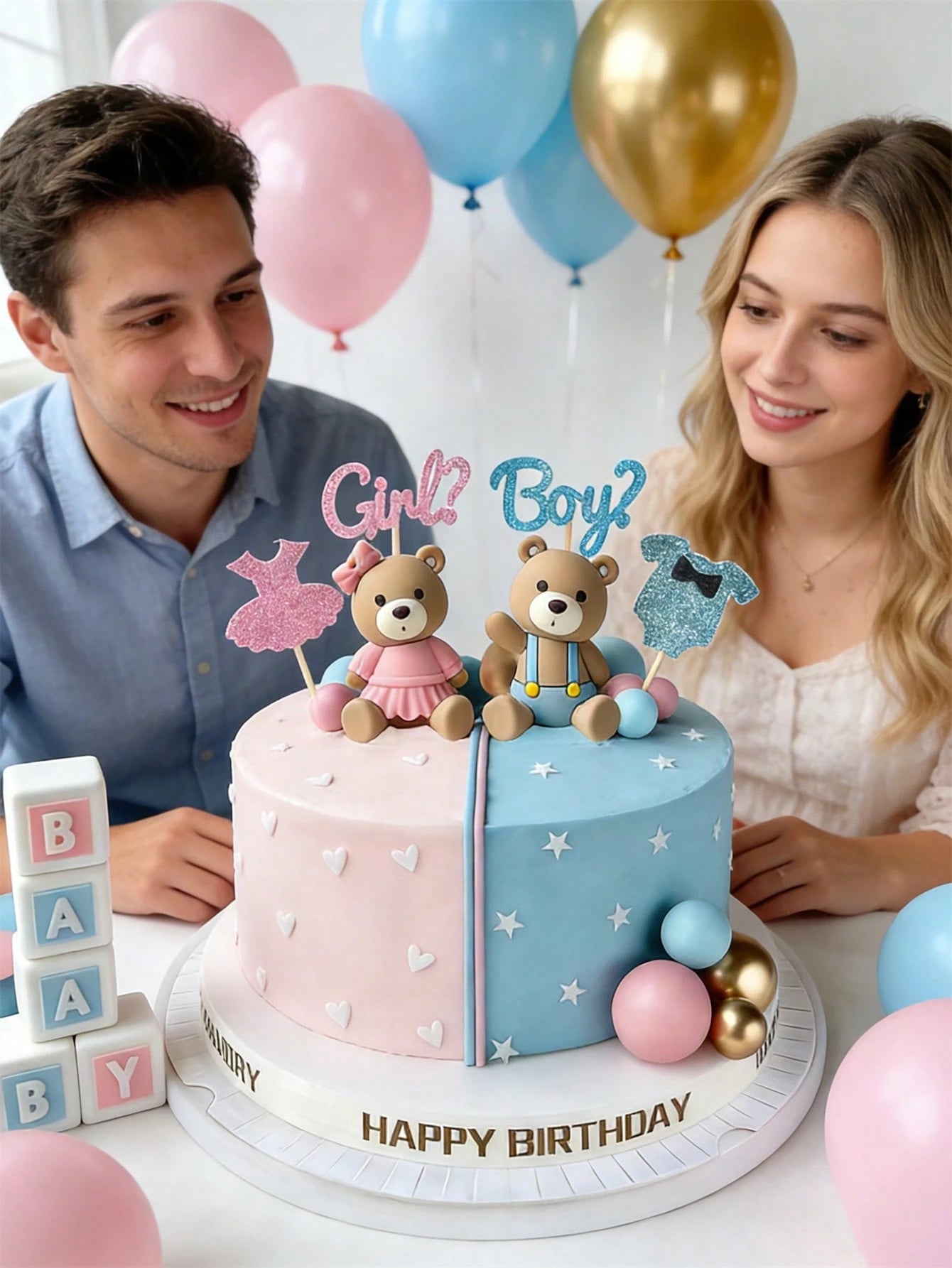 21pcs Gender Reveal Teddy Bear Cake Topper Set- Teddy Bear Balls Decorations Suitable For Baby Gender Reveal Party, Birthday Party, Baby Shower Decor
