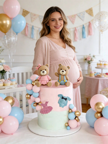 21pcs Gender Reveal Teddy Bear Cake Topper Set- Teddy Bear Balls Decorations Suitable For Baby Gender Reveal Party, Birthday Party, Baby Shower Decor