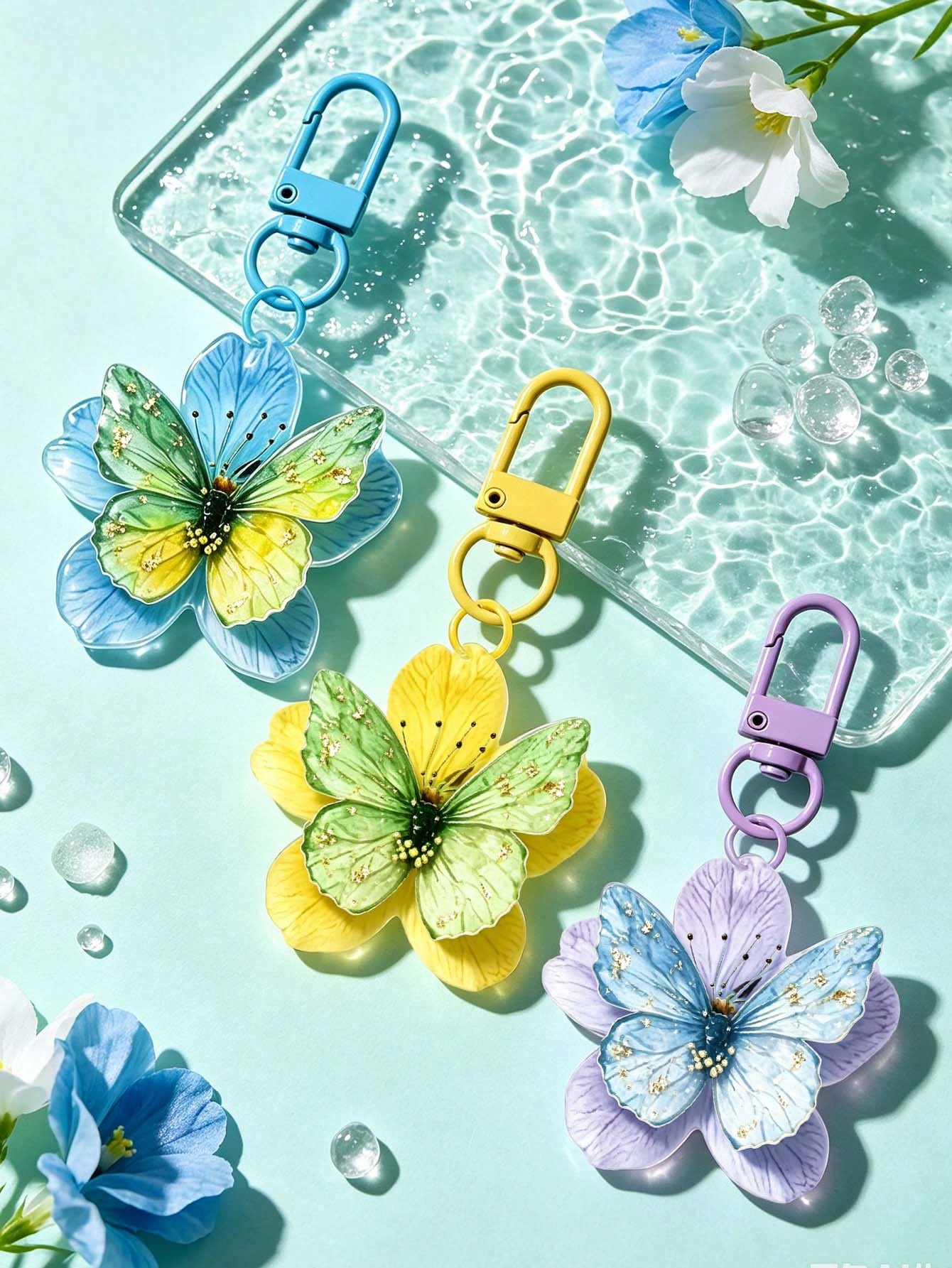 2d Acrylic Butterfly Flower Keychain,Elegant Floral Bag Charm,Butterfly Pendant,Car Key Pendant,Daily Accessories,Beautiful Gift For Girl, Friend