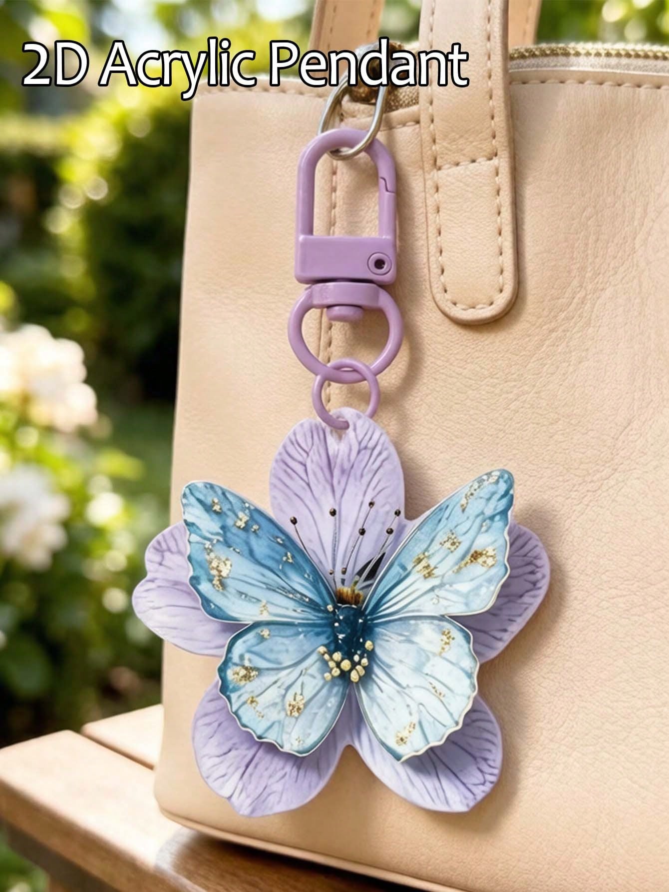 2d Acrylic Butterfly Flower Keychain,Elegant Floral Bag Charm,Butterfly Pendant,Car Key Pendant,Daily Accessories,Beautiful Gift For Girl, Friend