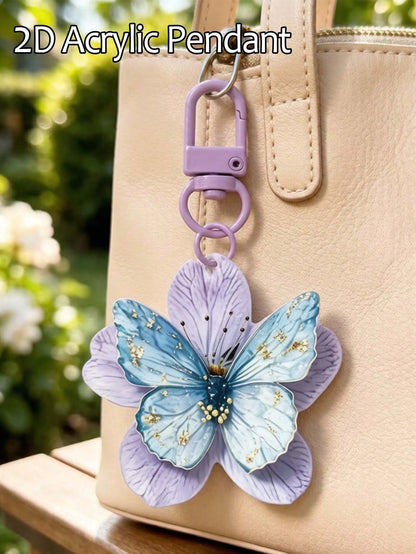 2d Acrylic Butterfly Flower Keychain,Elegant Floral Bag Charm,Butterfly Pendant,Car Key Pendant,Daily Accessories,Beautiful Gift For Girl, Friend