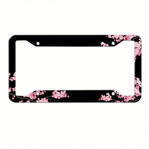 2D Flat Cherry Blossom License Plate Frame, Pink Flower License Plate Holder, Rust-Proof And Waterproof Car Decorative License Plate Frame, American License Plate Size, 12.2X 6.3inch