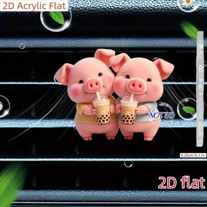 2D Flat Cute Pink Pig Pattern Car Air Vent Clip Decoration, "No Fragrance", With Double Odorless Sponge Pads, Car Air Freshener, No Fragrance Source, 2D Flat Acrylic Luxury Cartoon Ornament, Fashionab