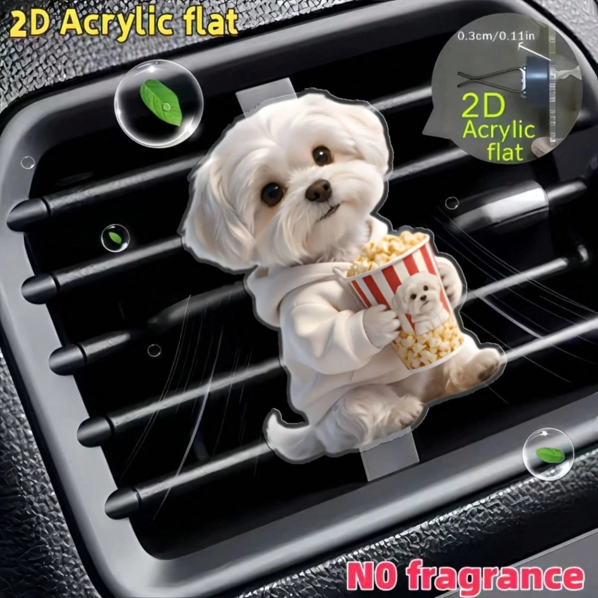 2D Flat Maltese Dog Holding Popcorn Air Vent Clip- Unscented (DIY Fragrance), Acrylic Cartoon Car Decoration, Clip-On Fragrance