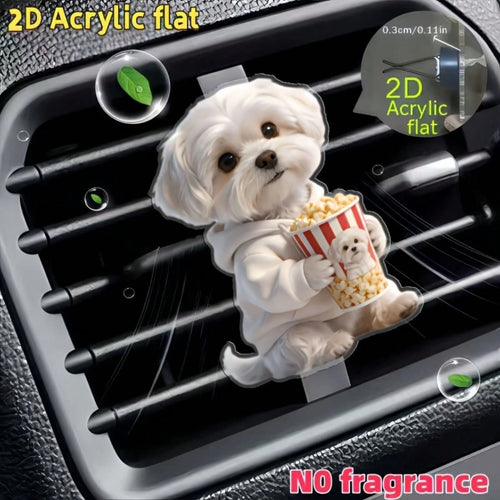 2D Flat Maltese Dog Holding Popcorn Air Vent Clip- Unscented (DIY Fragrance), Acrylic Cartoon Car Decoration, Clip-On Fragrance