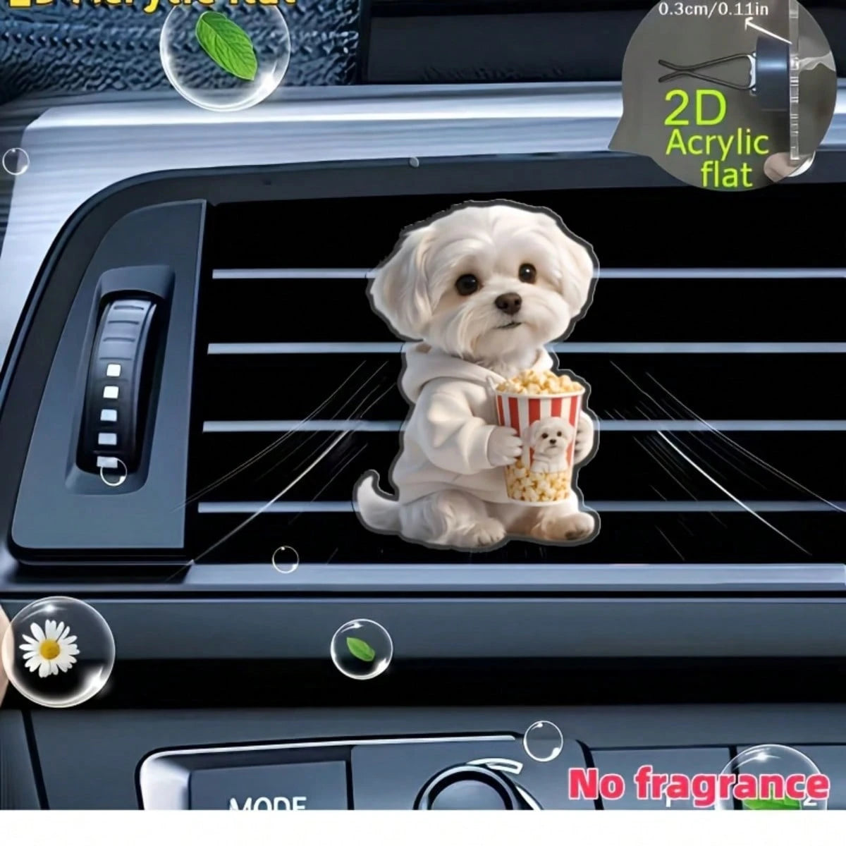 2D Flat Maltese Dog Holding Popcorn Air Vent Clip- Unscented (DIY Fragrance), Acrylic Cartoon Car Decoration, Clip-On Fragrance