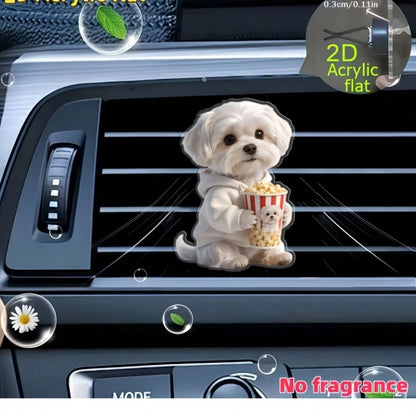 2D Flat Maltese Dog Holding Popcorn Air Vent Clip- Unscented (DIY Fragrance), Acrylic Cartoon Car Decoration, Clip-On Fragrance