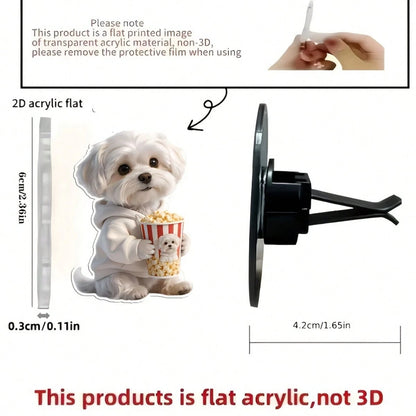 2D Flat Maltese Dog Holding Popcorn Air Vent Clip- Unscented (DIY Fragrance), Acrylic Cartoon Car Decoration, Clip-On Fragrance