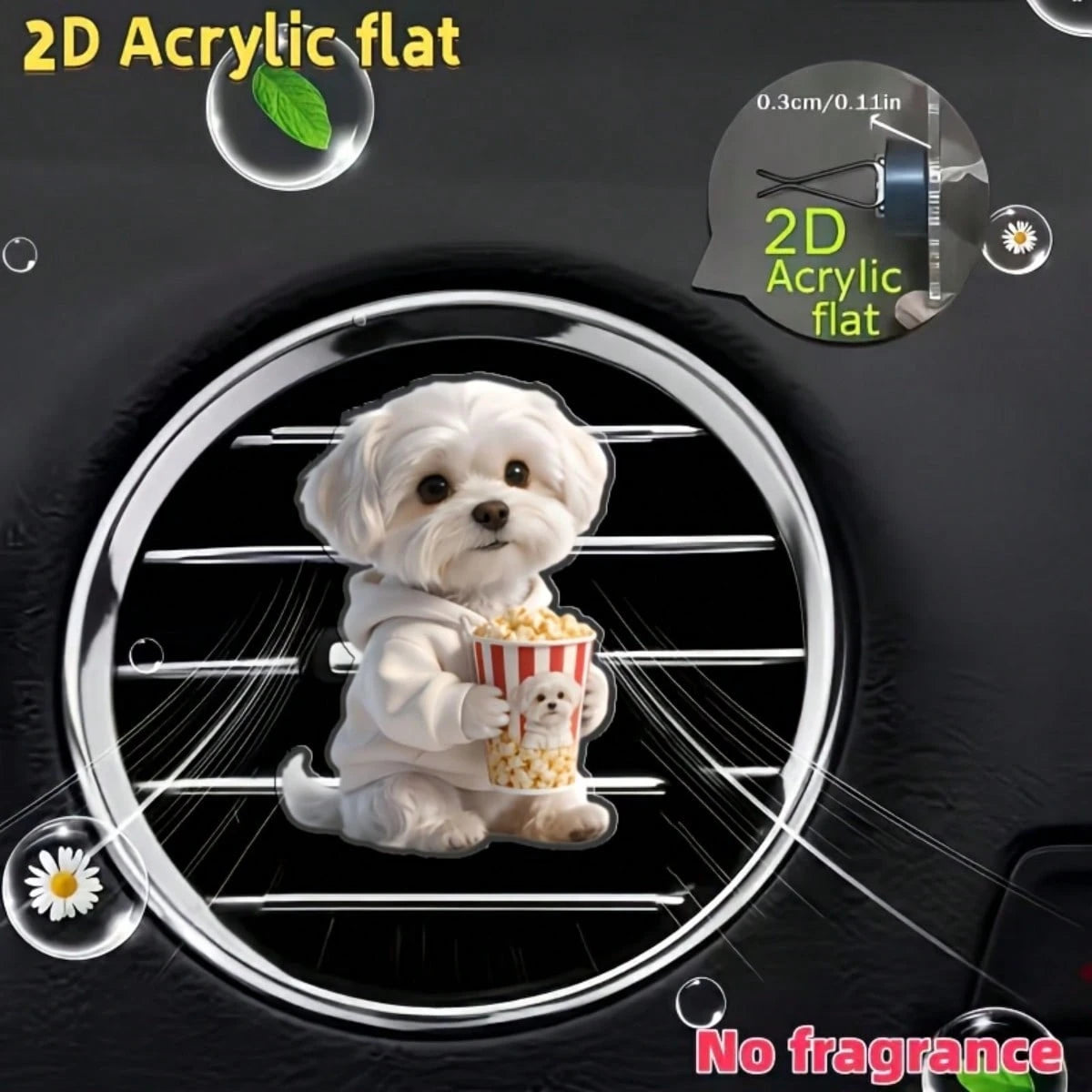 2D Flat Maltese Dog Holding Popcorn Air Vent Clip- Unscented (DIY Fragrance), Acrylic Cartoon Car Decoration, Clip-On Fragrance