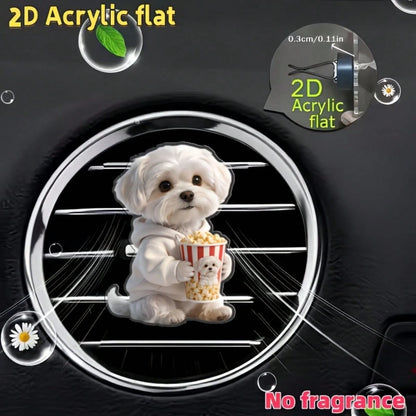 2D Flat Maltese Dog Holding Popcorn Air Vent Clip- Unscented (DIY Fragrance), Acrylic Cartoon Car Decoration, Clip-On Fragrance