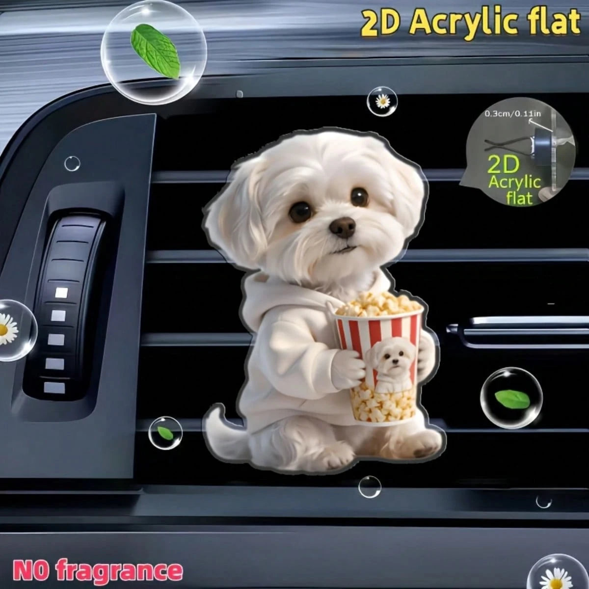 2D Flat Maltese Dog Holding Popcorn Air Vent Clip- Unscented (DIY Fragrance), Acrylic Cartoon Car Decoration, Clip-On Fragrance