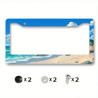 2D Flat Metal License Plate Frame, License Plate Cover With Beach Ocean Rock Design, Suitable For Home Car Decoration During Summer Holidays, 2D Flat, License Plate Frame With Beach Style, Custom-Made