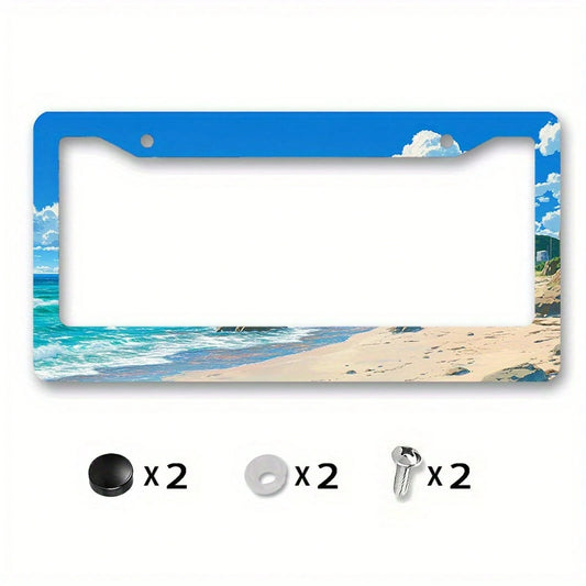 2D Flat Metal License Plate Frame, License Plate Cover With Beach Ocean Rock Design, Suitable For Home Car Decoration During Summer Holidays, 2D Flat, License Plate Frame With Beach Style, Custom-Made