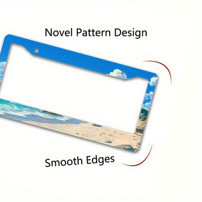 2D Flat Metal License Plate Frame, License Plate Cover With Beach Ocean Rock Design, Suitable For Home Car Decoration During Summer Holidays, 2D Flat, License Plate Frame With Beach Style, Custom-Made