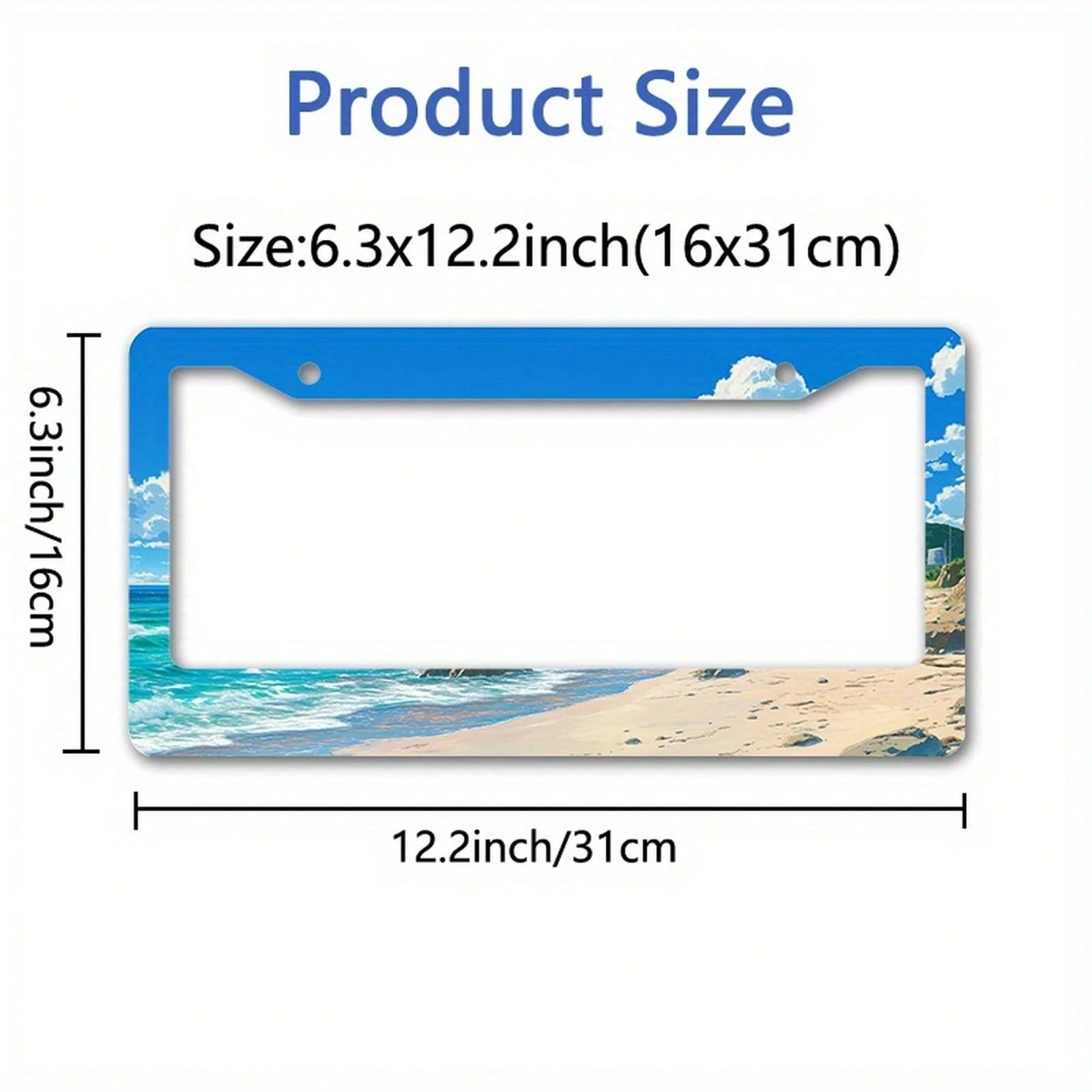 2D Flat Metal License Plate Frame, License Plate Cover With Beach Ocean Rock Design, Suitable For Home Car Decoration During Summer Holidays, 2D Flat, License Plate Frame With Beach Style, Custom-Made