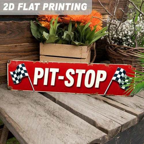 2D Flat, 1pc Vintage Racing Metal Pit Stop Sign- Heavy-Duty Aluminum Wall-Mounted Garage Decor With Red & White Checkered Flags, Large 4x16 Inch (10x