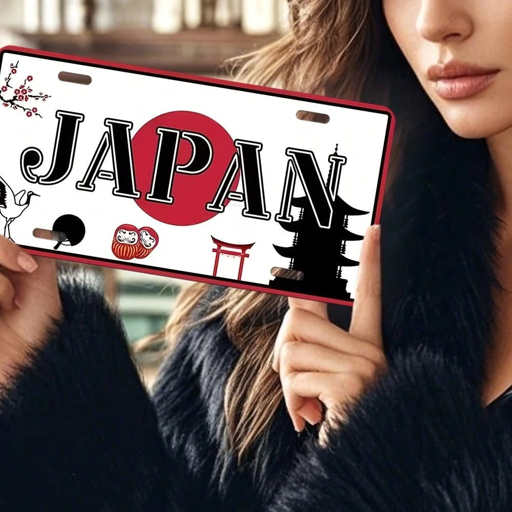 2D Flat, Vintage Aluminum License Plate- Japanese-Style Cherry Blossom And Torii Gate Design, 30.0x 15.01cm, Car And Home Wall Art, Cultural Decoration| Vintage License Plate| Aluminum Sign, 2D