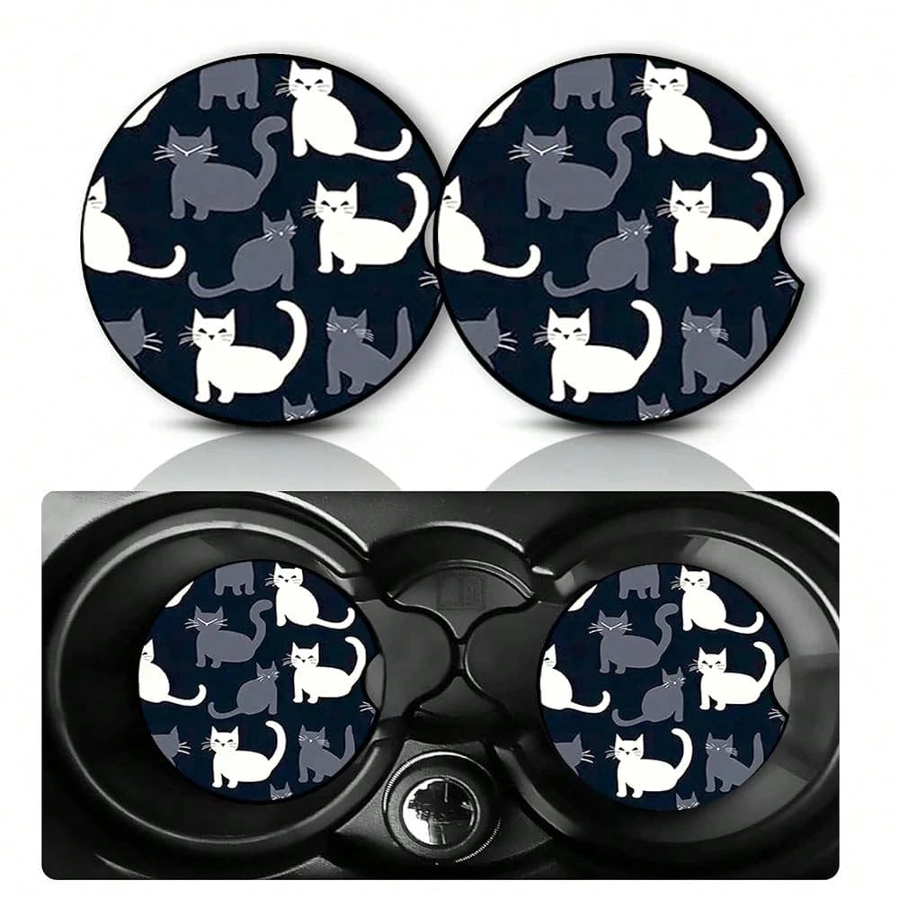 2Pack Cat Car Cup Holder Coasters,Cars Coasters For Cup Holders,2.75\ Universal Anti Slip Rubber Mat With Finger Slot,Black And White C