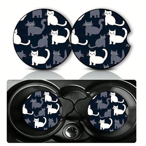 2Pack Cat Car Cup Holder Coasters,Cars Coasters For Cup Holders,2.75\ Universal Anti Slip Rubber Mat With Finger Slot,Black And White C