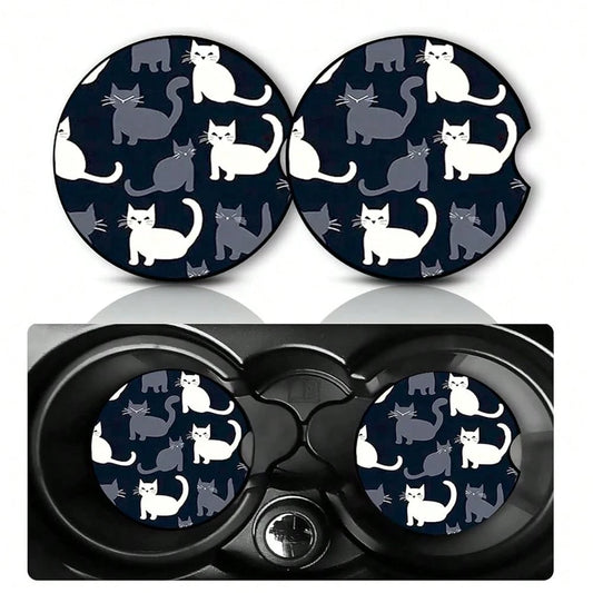 2Pack Cat Car Cup Holder Coasters,Cars Coasters For Cup Holders,2.75\ Universal Anti Slip Rubber Mat With Finger Slot,Black And White C