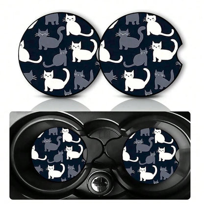 2Pack Cat Car Cup Holder Coasters,Cars Coasters For Cup Holders,2.75\ Universal Anti Slip Rubber Mat With Finger Slot,Black And White C