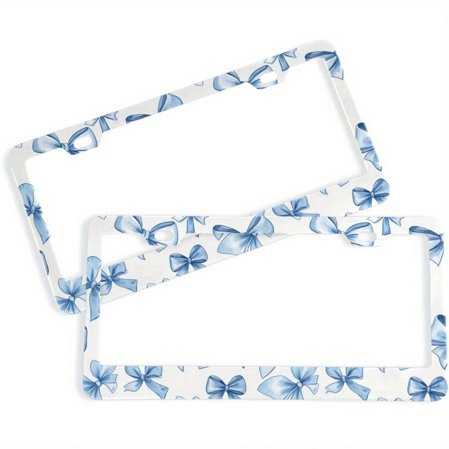 2pc Cute Blue And Purple Bow Aluminum License Plate Frames- Rustproof, Includes Screws, Standard U.S. Vehicle Fitment, Perfect Car Accessories For Women, Car Decoration| Fun Design| Including S