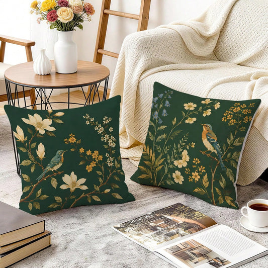 2pcs/1pc Dark Green Background Magnolia Flower & Bird Pattern Pillowcase, Single-Sided Printed Pillowcase, Suitable For Living Room, Bedroom, Home Decor, All-Season Pillowcase