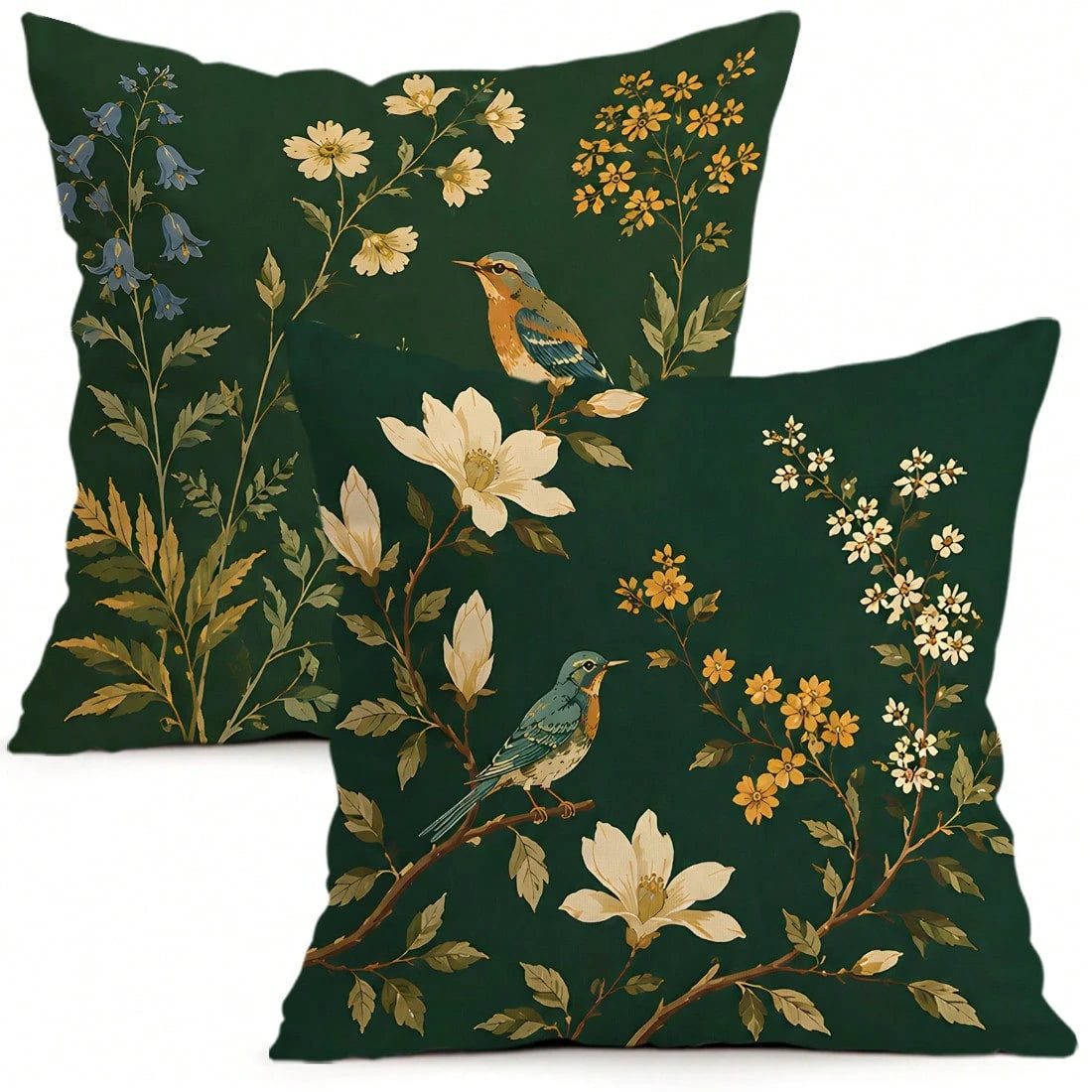 2pcs/1pc Dark Green Background Magnolia Flower & Bird Pattern Pillowcase, Single-Sided Printed Pillowcase, Suitable For Living Room, Bedroom, Home Decor, All-Season Pillowcase