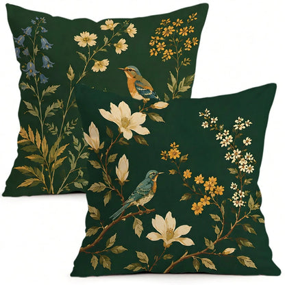 2pcs/1pc Dark Green Background Magnolia Flower & Bird Pattern Pillowcase, Single-Sided Printed Pillowcase, Suitable For Living Room, Bedroom, Home Decor, All-Season Pillowcase