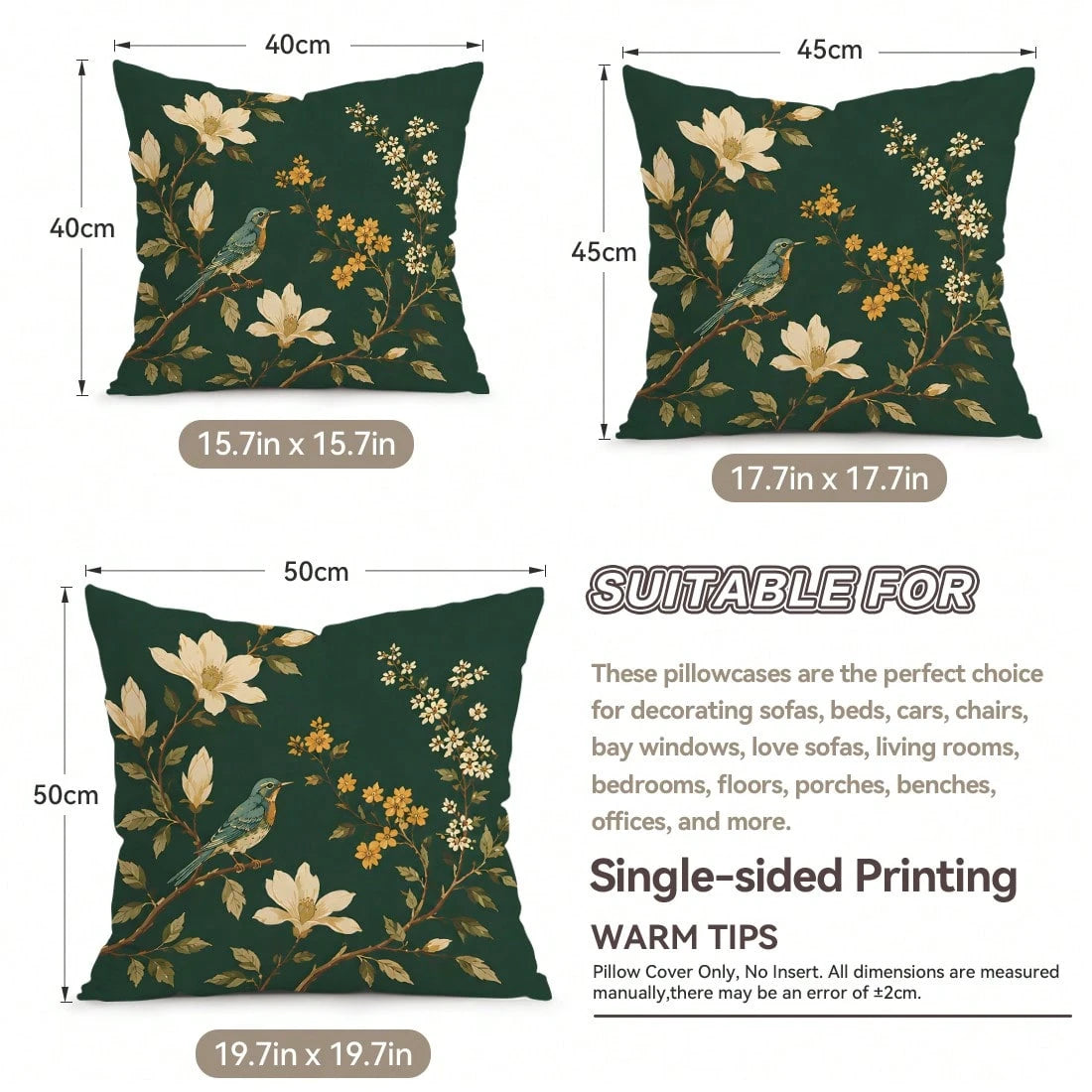 2pcs/1pc Dark Green Background Magnolia Flower & Bird Pattern Pillowcase, Single-Sided Printed Pillowcase, Suitable For Living Room, Bedroom, Home Decor, All-Season Pillowcase