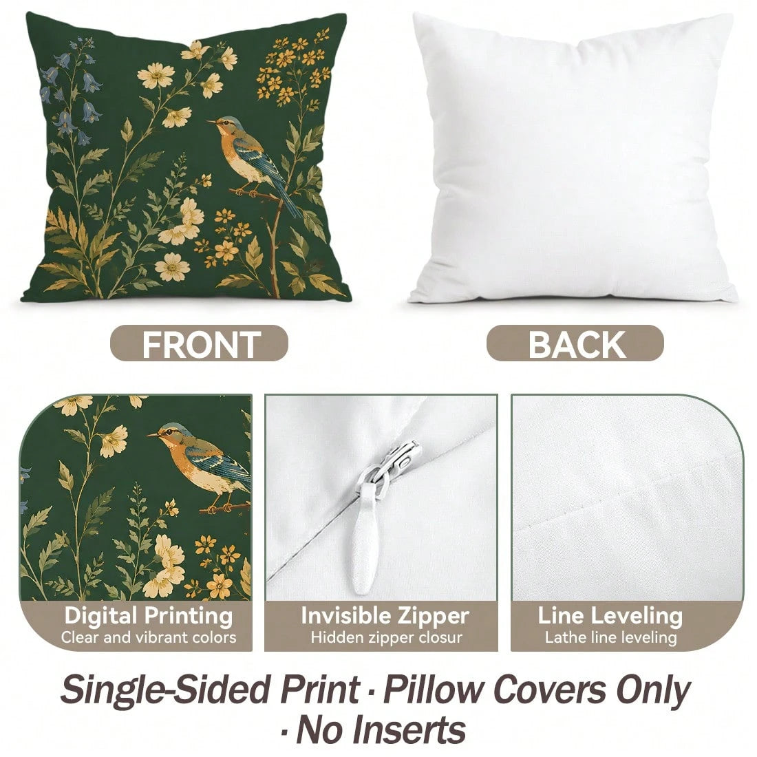 2pcs/1pc Dark Green Background Magnolia Flower & Bird Pattern Pillowcase, Single-Sided Printed Pillowcase, Suitable For Living Room, Bedroom, Home Decor, All-Season Pillowcase