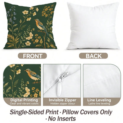 2pcs/1pc Dark Green Background Magnolia Flower & Bird Pattern Pillowcase, Single-Sided Printed Pillowcase, Suitable For Living Room, Bedroom, Home Decor, All-Season Pillowcase