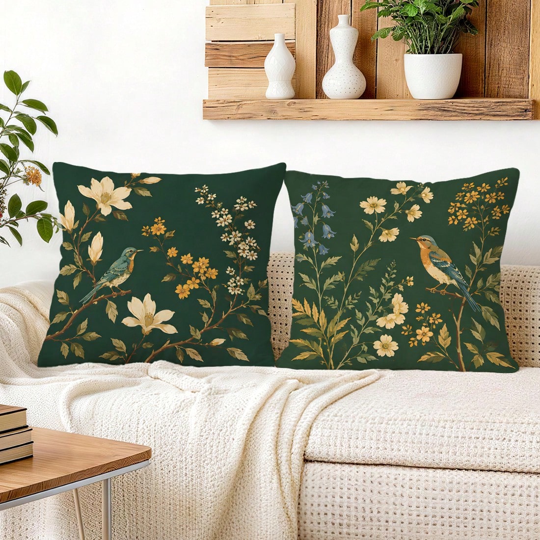 2pcs/1pc Dark Green Background Magnolia Flower & Bird Pattern Pillowcase, Single-Sided Printed Pillowcase, Suitable For Living Room, Bedroom, Home Decor, All-Season Pillowcase