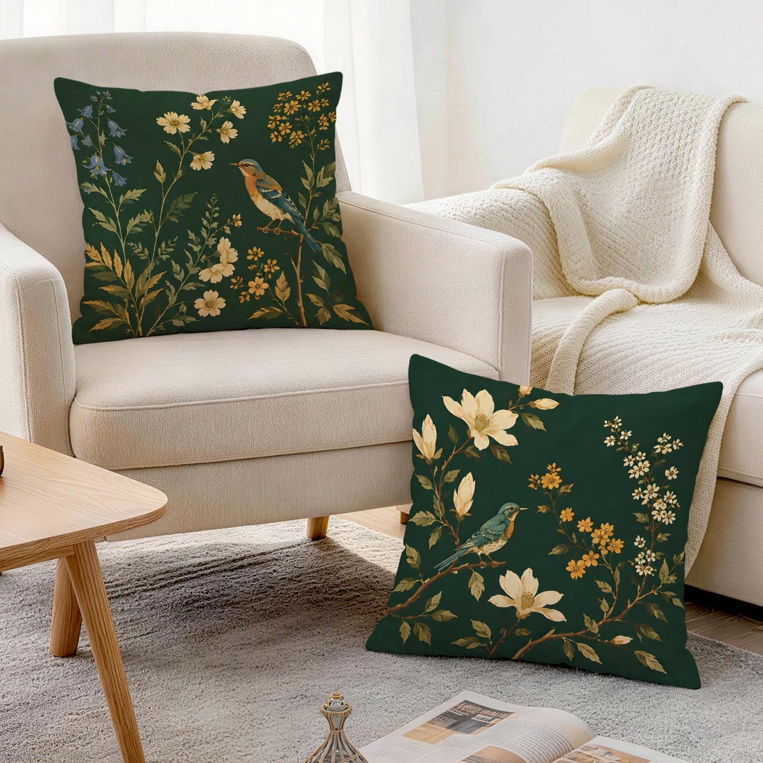 2pcs/1pc Dark Green Background Magnolia Flower & Bird Pattern Pillowcase, Single-Sided Printed Pillowcase, Suitable For Living Room, Bedroom, Home Decor, All-Season Pillowcase