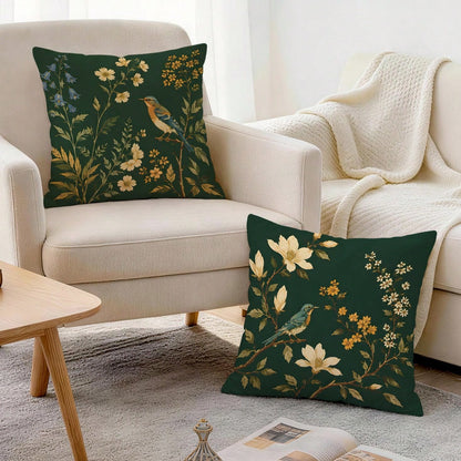 2pcs/1pc Dark Green Background Magnolia Flower & Bird Pattern Pillowcase, Single-Sided Printed Pillowcase, Suitable For Living Room, Bedroom, Home Decor, All-Season Pillowcase