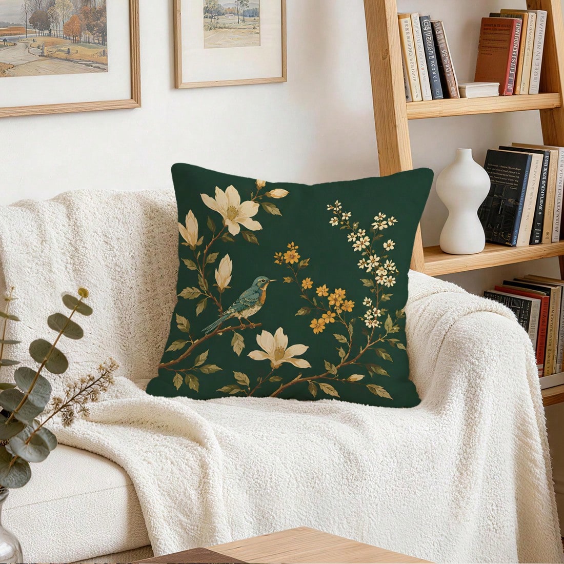 2pcs/1pc Dark Green Background Magnolia Flower & Bird Pattern Pillowcase, Single-Sided Printed Pillowcase, Suitable For Living Room, Bedroom, Home Decor, All-Season Pillowcase
